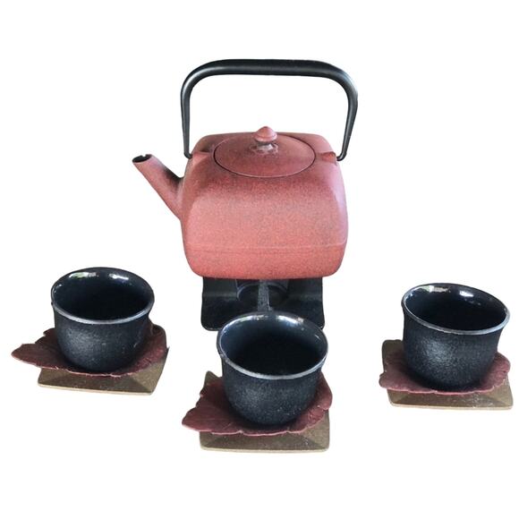 WAZUQU Tetsubin Japanese Cast Iron Teapot Set Warmer Cups Coasters Leaf Cottage - Picture 1 of 13